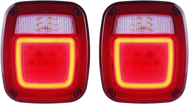 XtraGlow Halo Tail Lights Assembly Square Rear Combination Tail Lamps with Passenger and Driver Side Marker Stop Turn Signal Brake Lights Replacement for 1979-2006 Wrangler TJ YJ CJ5 CJ7 Red, 2Pcs - Image 1